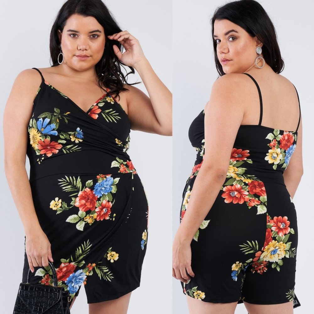 1x-3x Plus Size Black Floral Wrap Skort Romper